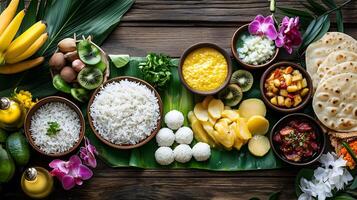 Indian offerings of riceballs, kheer, dal, and chapati prepared for Pitru Paksha. photo