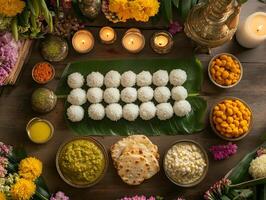 Indian offerings of riceballs, kheer, dal, and chapati prepared for Pitru Paksha. photo
