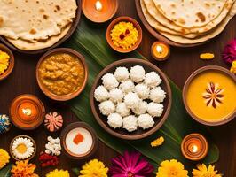 Indian offerings of riceballs, kheer, dal, and chapati prepared for Pitru Paksha. photo