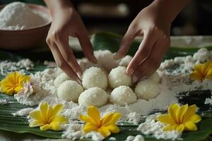 A woman prepares traditional rice balls on a banana leaf for Indian ritual ceremony. photo