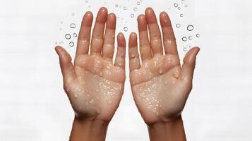 Sweaty hands with water droplets splashing around them. photo