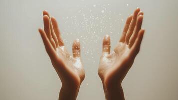 Sweaty hands with water droplets splashing around them. photo