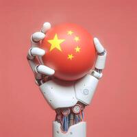 A robotic hand holds a globe with Chinese flag, symbolizing technological dominance. photo