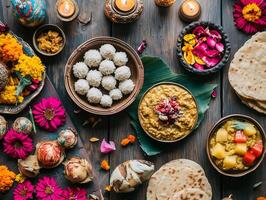 Indian offerings of riceballs, kheer, dal, and chapati prepared for Pitru Paksha. photo