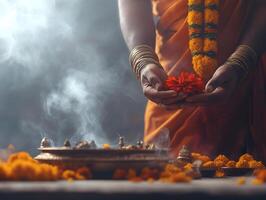 A hand holding marigold flowers during a ritual in Pitru Paksha. photo