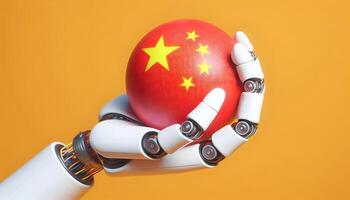 A robotic hand holds a globe with Chinese flag, symbolizing technological dominance. photo