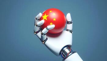 A robotic hand holds a globe with Chinese flag, symbolizing technological dominance. photo