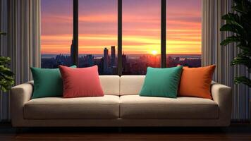 A cozy modern living room with colorful pillows on a cream sofa and a breathtaking cityscape sunset view through large windows, perfect for New Years Eve and relaxation concepts video