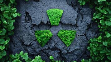 A green biohazard symbol formed by moss on cracked ground, symbolizing environmental conservation and Earth Day initiatives video