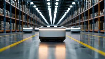 Automated robots efficiently navigating a high tech warehouse, representing advanced technology and logistics, ideal for concepts like Industry 40 and Black Friday distribution video