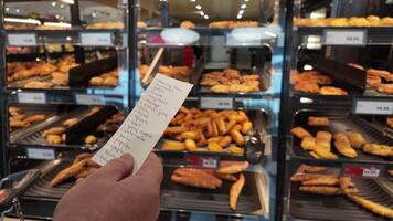 A person holds a shopping list in a bakery section filled with assorted pastries, perfect for Christmas or Thanksgiving breakfast video