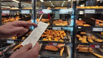 A persons hands holding a shopping list in front of a bakery display filled with assorted pastries and bread, related to holidays like Thanksgiving or Christmas video