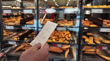 Person holding a shopping list and pointing at various baked goods in a bakery, related to grocery shopping and food video