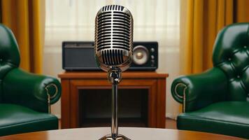 Vintage microphone on a table between two green leather chairs in a cozy room, symbolizing podcasting and retro broadcasting video