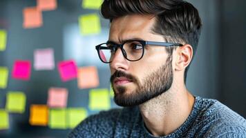 Focused young Caucasian man with beard and glasses brainstorming ideas with colorful post it notes, perfect for business and creativity concepts video