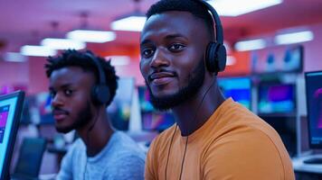Two African American men working with computers and wearing headphones in a modern office or internet cafe video