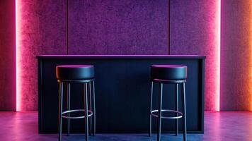 Two modern bar stools under neon lights in an empty lounge, ideal for nightlife and party concepts video