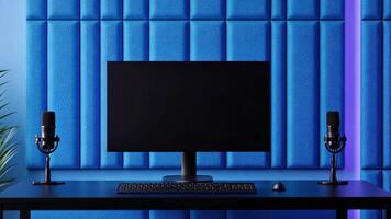 Modern podcast recording setup with dual microphones and computer, ideal for content creation and remote work themes video
