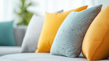 Colorful cushions arranged on a modern sofa, creating a cozy and inviting atmosphere in a well-lit living space. photo