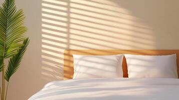 Cozy bedroom with a wooden bed, soft pillows, and a tranquil atmosphere. Natural light creates striped shadows, complemented by a green plant for added serenity. photo