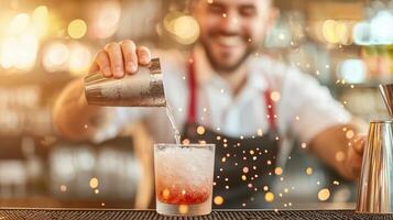 A skilled bartender pouring a cocktail into a glass, surrounded by a vibrant, lively bar scene with sparkling lights and a cheerful atmosphere. photo