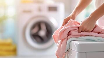 A person folding freshly laundered towels in a bright laundry room, showcasing a modern washing machine in the background, emphasizing cleanliness and organization. photo