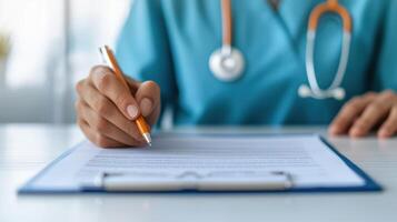 A healthcare professional writing on a clipboard, showing dedication and attention to detail in a clinical environment focused on patient care and documentation. photo