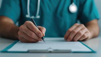 A healthcare professional in scrubs writes notes on a clipboard, showcasing the importance of documentation in patient care and medical practices. photo