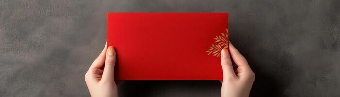 A person holding a vibrant red envelope with a decorative design, set against a textured gray background. Ideal for themes of celebration, gifting, or special occasions. photo