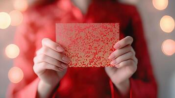 A person wearing a red outfit holds a decorative red envelope with intricate patterns, set against a soft blurred background with warm lights, symbolizing celebration and good fort photo