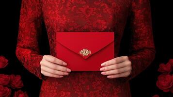 A person holding a luxurious red envelope adorned with a golden embellishment, standing against a dark background with red roses, symbolizing love and celebration. photo