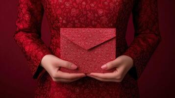 A person dressed in a traditional red outfit holds a red envelope adorned with intricate patterns, symbolizing good fortune and happiness during festive celebrations. photo