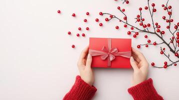 Hands holding a beautifully wrapped red gift box with a ribbon, surrounded by decorative red berries on a plain white background, perfect for festive occasions. photo