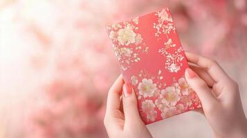 A person holding a beautifully designed red envelope adorned with floral patterns, set against a soft, blurred pink background, symbolizing good fortune and celebration. photo