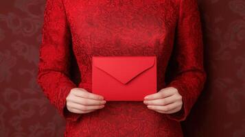 A woman in a red dress holding a red envelope, symbolizing love or celebration, against a rich textured background, capturing the essence of tradition or special occasions. photo