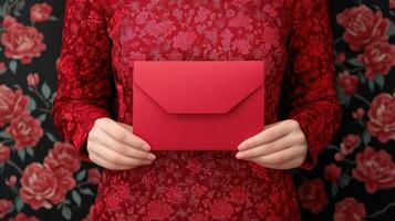 A person holds a vibrant red envelope in front of a floral backdrop, showcasing a blend of tradition and modernity. Perfect for conveying love or celebration. photo