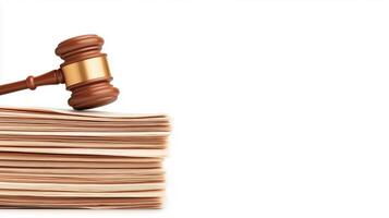 A wooden gavel resting on a stack of legal documents, symbolizing justice and law, isolated on a white background. photo