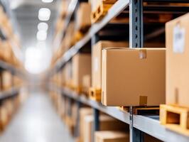Detailed view of a warehouse shelf filled with cardboard boxes, showcasing organized storage and efficient inventory management. photo