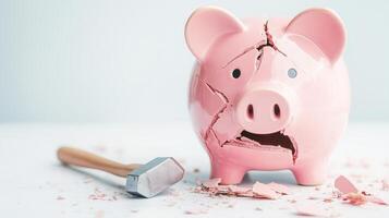 A cracked pink piggy bank with a distressed expression, accompanied by a hammer and scattered coins. A visual metaphor for broken savings and financial challenges. photo