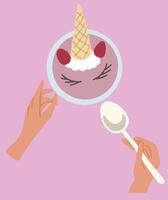 Hand keep spoon and bowl with smoothie with unicorn ice cream strawberry ears flat style vector