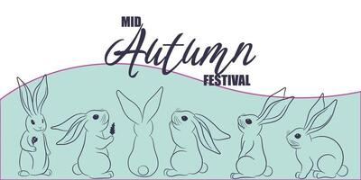 Mid autumn festival card with line rabbits. Background with abstract blue wave and pink line vector