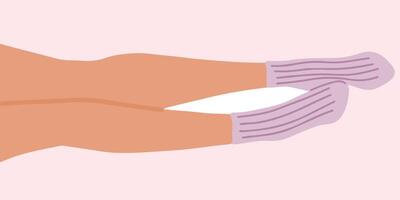 Flat illustration of legs lying on the floor. The right one is slightly bent and dilacately touching the other. The lilac socks with elastic band are on the feets. vector