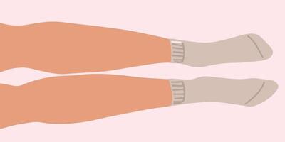 Flat illustration of legs lying on the floor in parallel. The lilac socks with elastic band are on the feets. vector