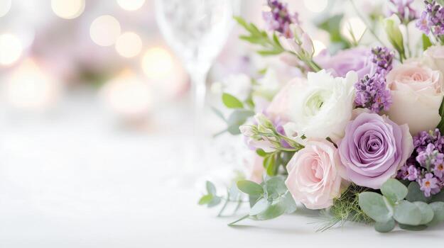 A beautiful arrangement of pastel roses and lavender, elegantly displayed with soft bokeh in the background, perfect for weddings or special occasions. photo