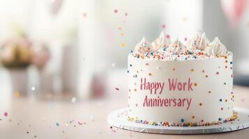 A delicious white cake adorned with colorful sprinkles and topped with whipped cream, featuring the words 'Happy Work Anniversary' for a festive celebration. photo
