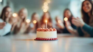 Celebration moment showcasing a birthday cake with candles surrounded by joyful friends, creating a warm and cheerful atmosphere. photo