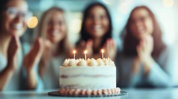 A beautifully decorated birthday cake with candles on a table, surrounded by friends celebrating joyfully in a warm atmosphere. photo