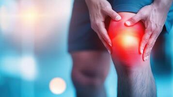 Man experiencing knee pain, holding his knee in discomfort. Ideal for health, fitness, and injury management visuals. photo