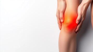 A close-up of a person's knee experiencing pain, highlighting the area of discomfort with a red glow for emphasis. photo