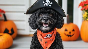Cute black dog dressed as a pirate with a hat and bandana, surrounded by Halloween pumpkins, bringing festive joy and fun. photo